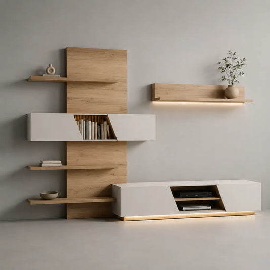Parete attrezzata porta TV da interno, set di 4 elementi in truciolare melaminico e MDF, bianco opaco e rovere naturale, 280 × 42 × 200 cm