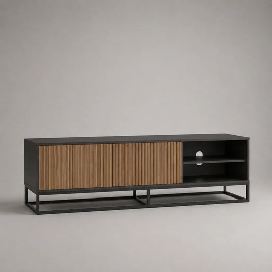 Mobile TV basso in legno e acciaio, nero e marrone effetto noce, con ante scorrevoli, vani aperti e passacavi, 160 x 40 x 55 cm