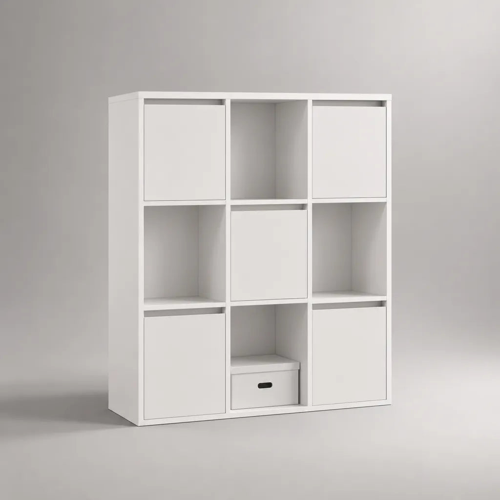Libreria rettangolare a cubi con 9 vani e 5 ante, in pannello truciolare melaminico bianco, 108 x 30 x 108 cm