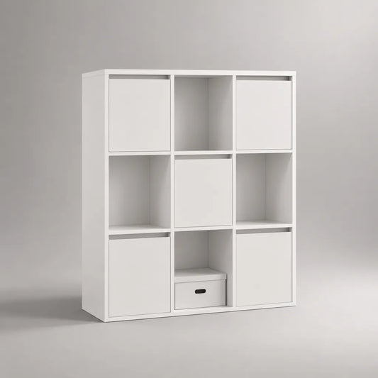 Libreria rettangolare a cubi con 9 vani e 5 ante, in pannello truciolare melaminico bianco, 108 x 30 x 108 cm