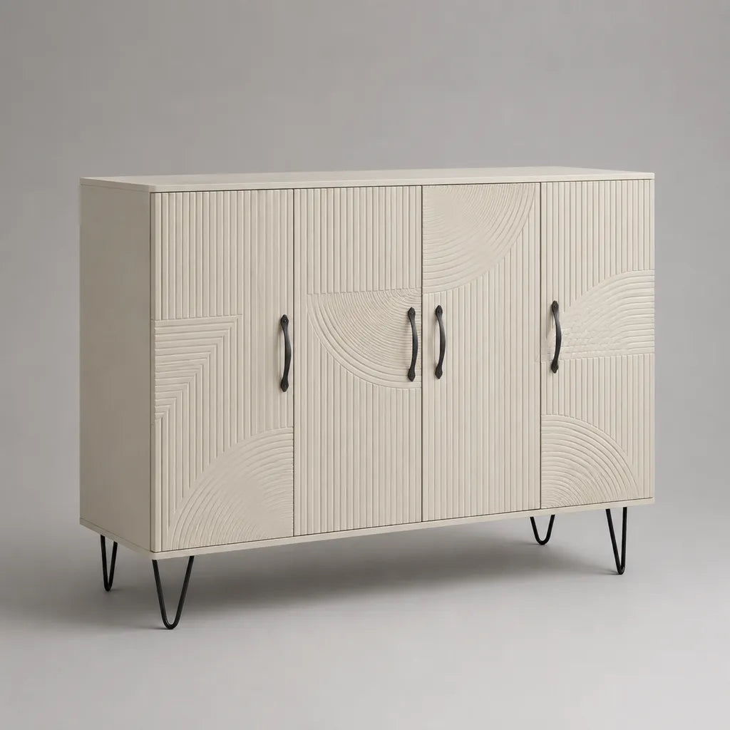 Credenza rettangolare a 4 ante in MDF e metallo, crema e nero, 140 × 40 × 90 cm
