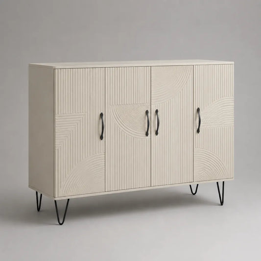 Credenza rettangolare a 4 ante in MDF e metallo, crema e nero, 140 × 40 × 90 cm