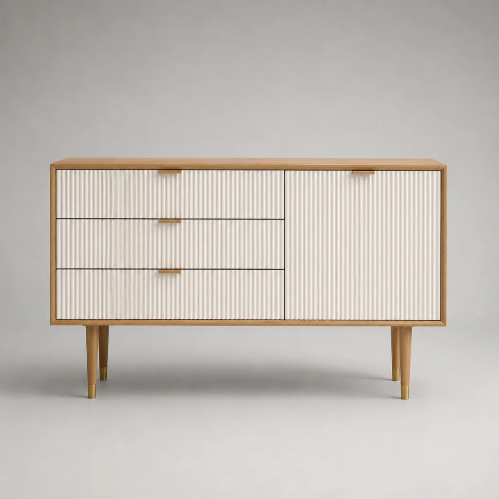 Credenza rettangolare in legno e MDF bianco avorio e rovere naturale, 140 × 40 × 80 cm, 3 cassetti e 1 anta