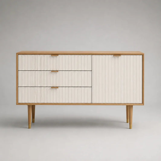 Credenza rettangolare in legno e MDF bianco avorio e rovere naturale, 140 × 40 × 80 cm, 3 cassetti e 1 anta