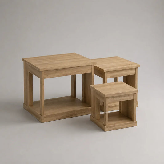 Set di 3 tavolini da caffè impilabili rettangolari in MDF, rovere naturale, 60 × 45 × 50 cm, 48 × 38 × 44 cm e 36 × 30 × 34 cm