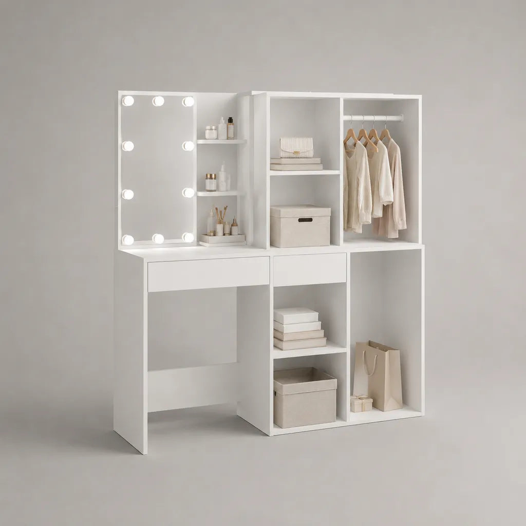 Toeletta da trucco con specchio LED e guardaroba in legno e metallo bianco, 150 × 45 × 180 cm