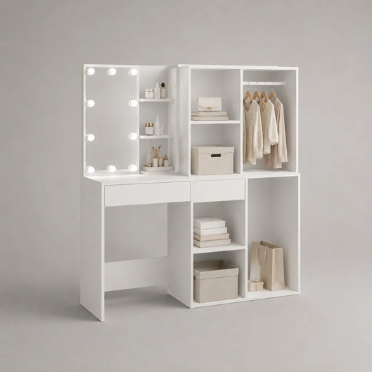 Toeletta da trucco con specchio LED e guardaroba in legno e metallo bianco, 150 × 45 × 180 cm