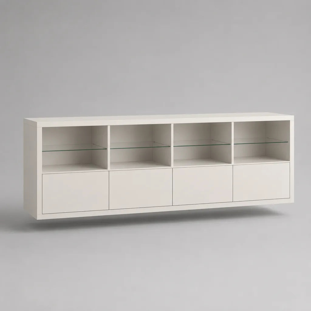 Credenza sospesa rettangolare in MDF bianco opaco con 4 ante e 4 ripiani in vetro, 200 × 40 × 80 cm