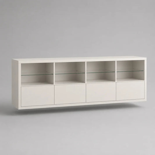 Credenza sospesa rettangolare in MDF bianco opaco con 4 ante e 4 ripiani in vetro, 200 × 40 × 80 cm