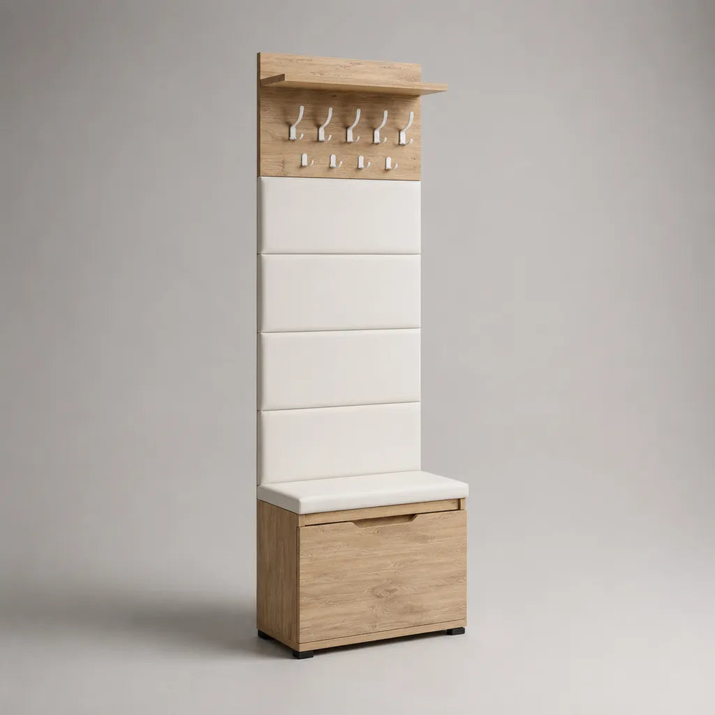 Mobile da ingresso rettangolare con scarpiera, panca imbottita, ripiano e appendiabiti a 10 ganci, in legno, metallo e similpelle, 60 × 35 × 190 cm, rovere chiaro e bianco