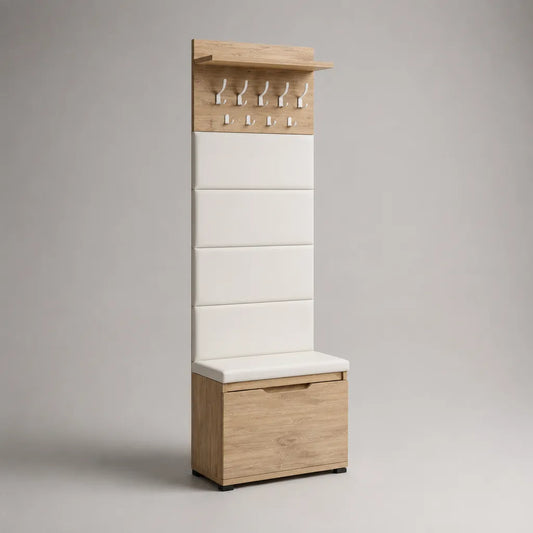 Mobile da ingresso rettangolare con scarpiera, panca imbottita, ripiano e appendiabiti a 10 ganci, in legno, metallo e similpelle, 60 × 35 × 190 cm, rovere chiaro e bianco