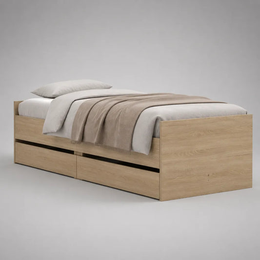 Letto singolo con 2 cassetti in pannello truciolare melaminico effetto rovere naturale, superficie di riposo 90 x 200 cm