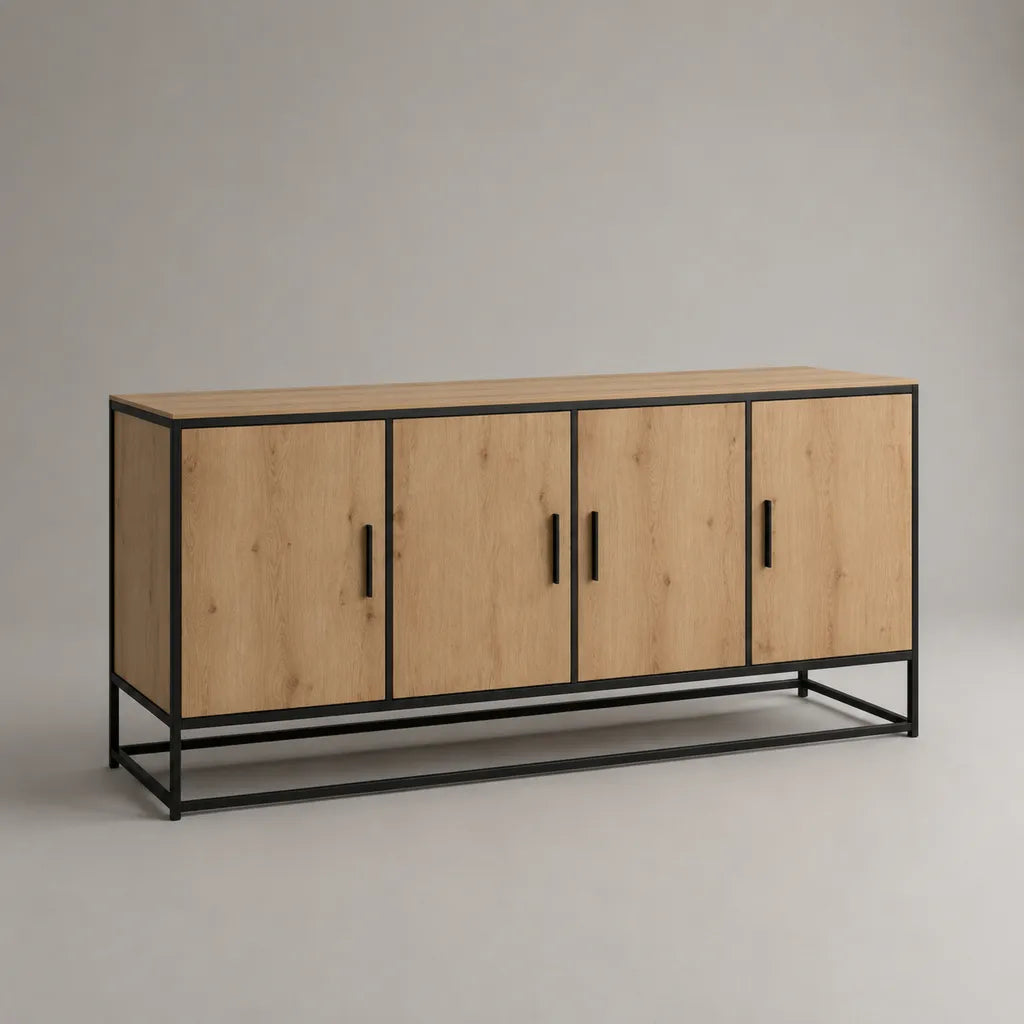 Mobile TV rettangolare in legno e acciaio con 4 ante, rovere naturale e nero, 160 × 40 × 80 cm