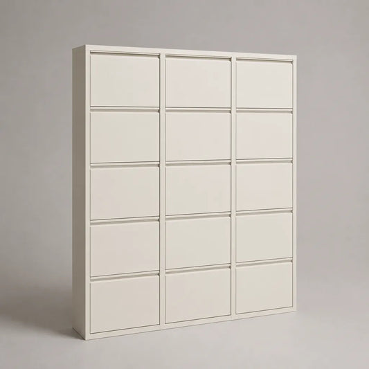 Scarpiera in acciaio bianco crema con 15 ante a ribalta, 120 × 24 × 180 cm