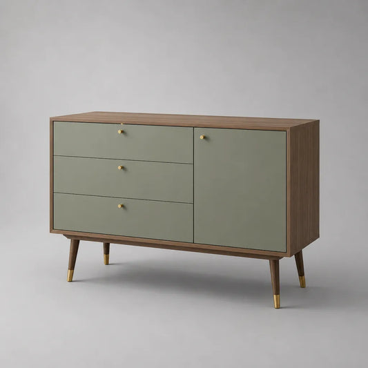 Credenza in legno e metallo con 3 cassetti e 1 anta, verde salvia e noce, 120 x 40 x 80 cm