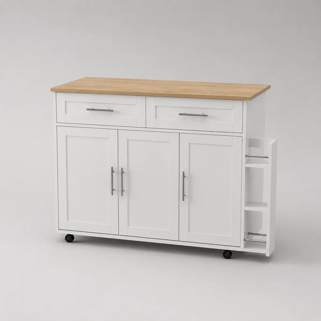 Carrello da cucina in MDF bianco e rovere con piano di lavoro, 2 cassetti, 3 ante e ripiano laterale, 120 × 40 × 85 cm