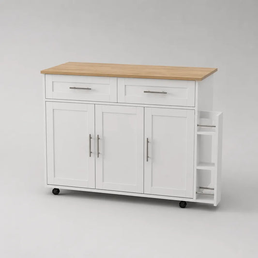 Carrello da cucina in MDF bianco e rovere con piano di lavoro, 2 cassetti, 3 ante e ripiano laterale, 120 × 40 × 85 cm