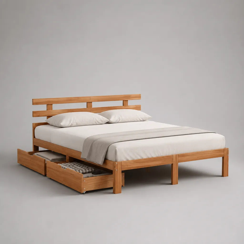 Letto matrimoniale in legno massello di pino marrone naturale con 2 cassetti, per materasso 160 × 200 cm, dimensioni 168 × 214 × 100 cm