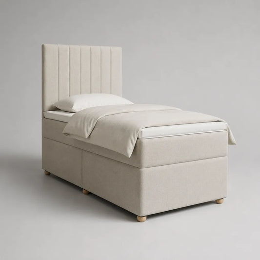 Letto singolo imbottito beige con testiera e materasso 90 × 200 cm, dimensioni 100 × 210 × 120 cm