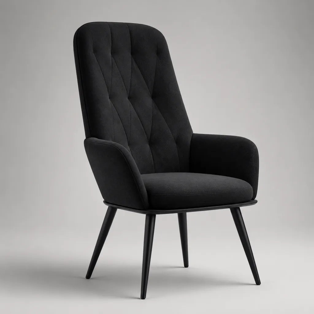 Poltrona imbottita nera con braccioli, rivestimento in velluto, gambe in metallo, 72 x 76 x 102 cm