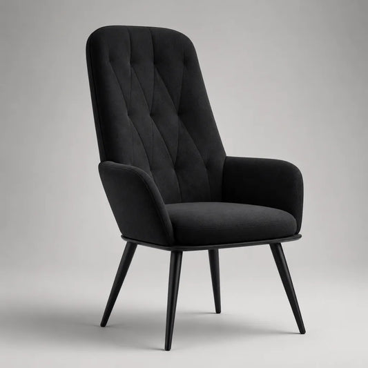 Poltrona imbottita nera con braccioli, rivestimento in velluto, gambe in metallo, 72 x 76 x 102 cm