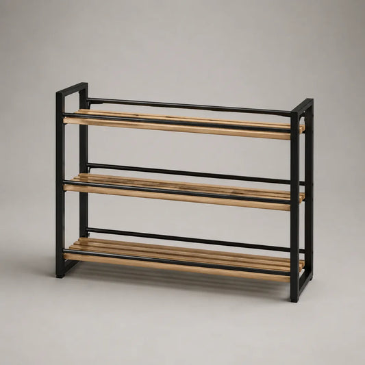 Scarpiera rettangolare a 3 ripiani in acciaio e bambù, nero e naturale, 80 × 30 × 78 cm